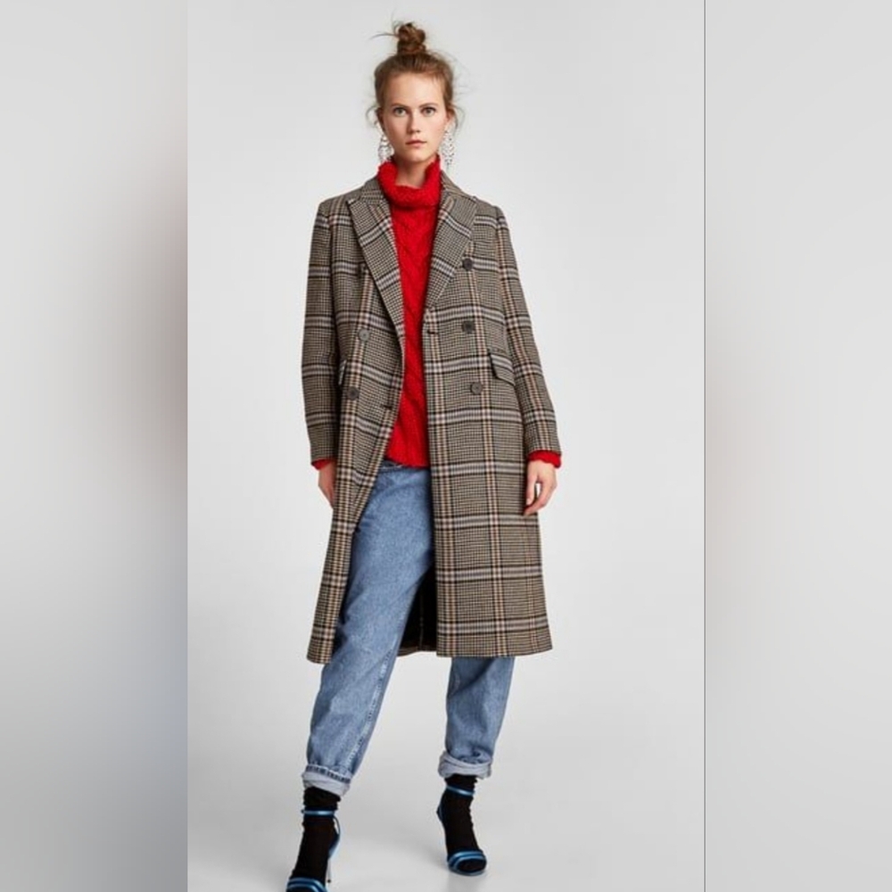 Zara Women's Coat Multi-Check Polyamide with Viscose, Wool Gabardine Plaid